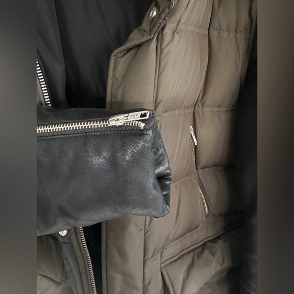 Mackage Gavin Army Green Down Coat with Leather Sleeves and Fur Hood - Picture 12 of 13